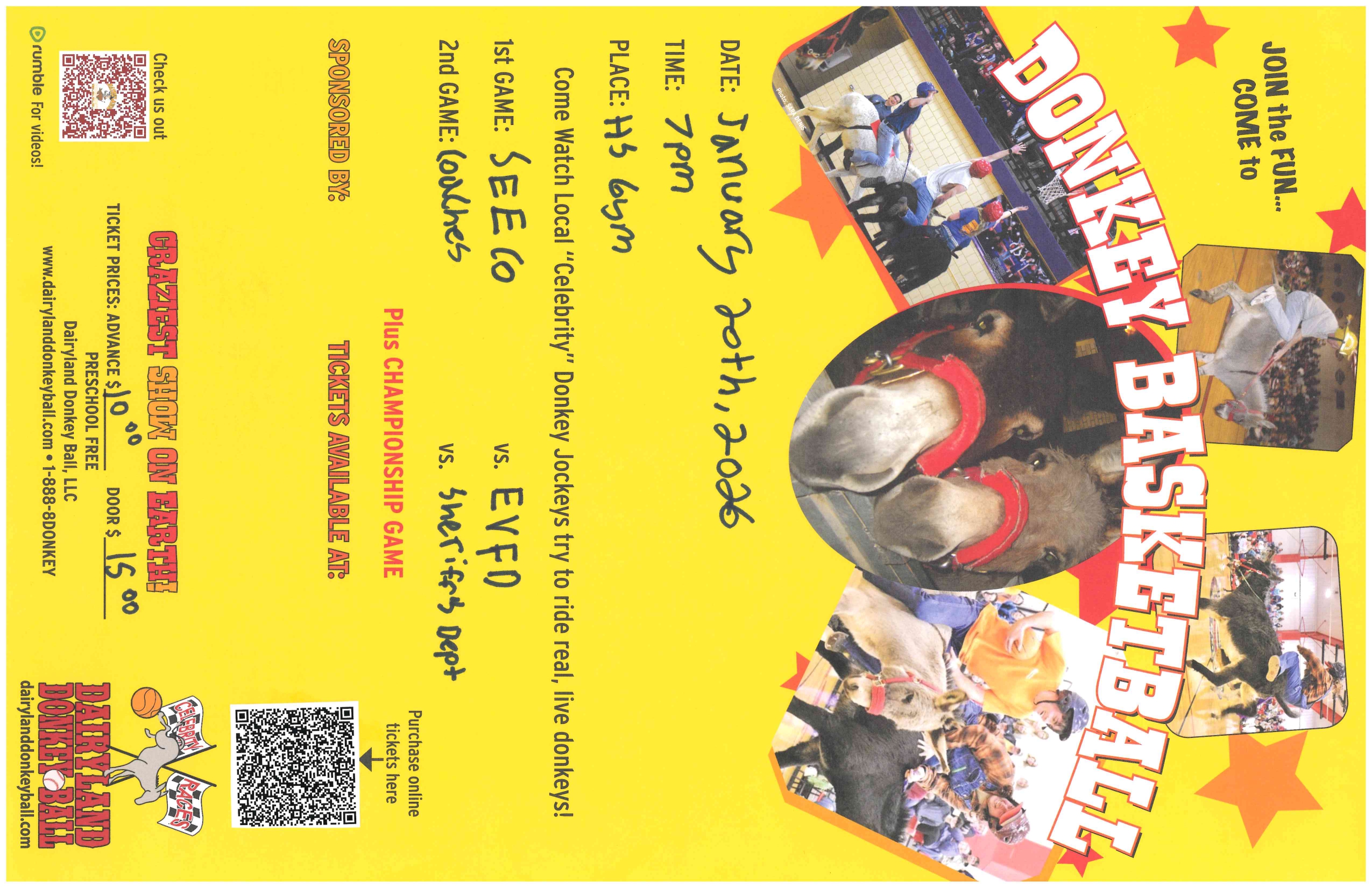 Donkey Basketball, January 20th, 7pm, $10 per ticket pre-sale, &15 per at the gate!