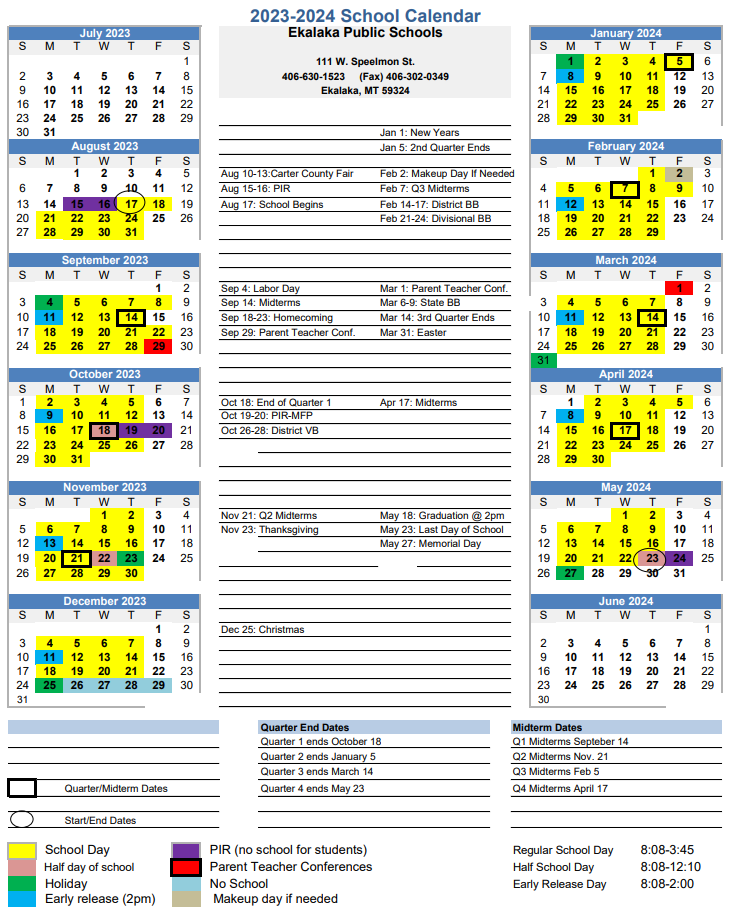 alt="2023-2024 school year calendar.  First day of school is August 16. For upcoming events, please view the sports/events calendar tab.  School ends May 23rd