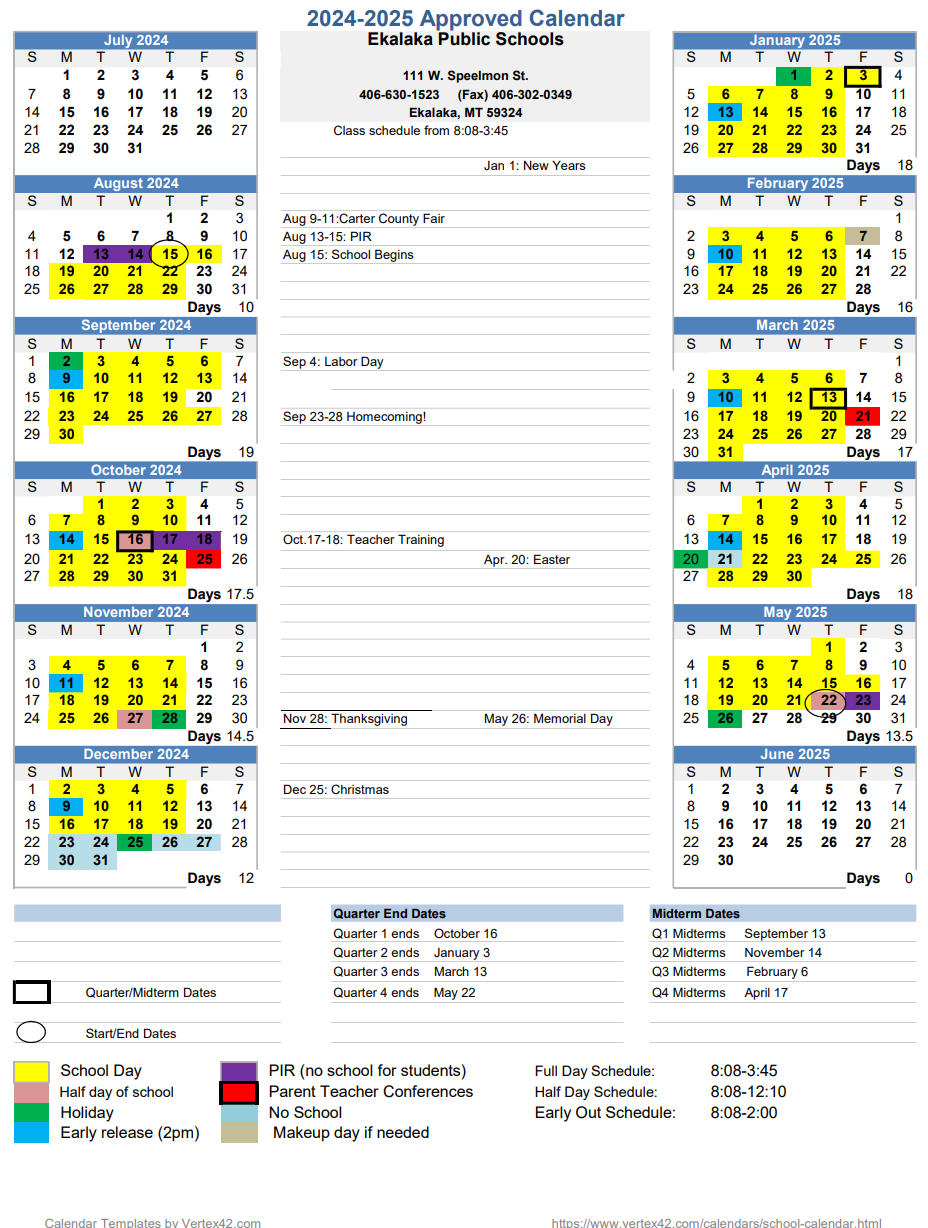 School Calendar for 2024-2025, School starts August 15
